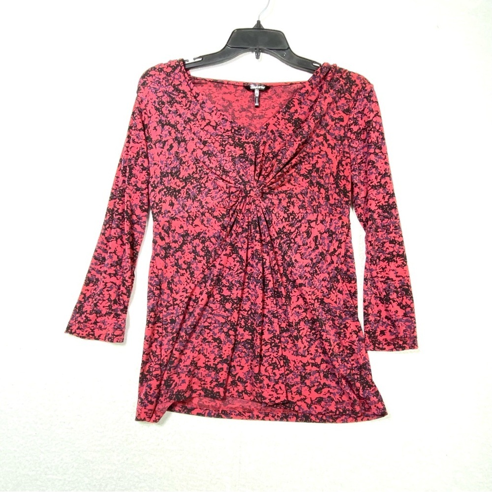 Daisy Fuentes Abstract Blouse Women's M Wine Black Knot Front V-Neck Romantic